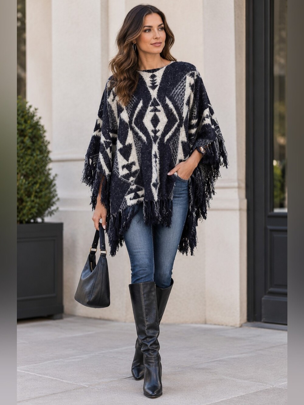 Western Geo Pattern Faux Mohair Tassel Fringe Poncho